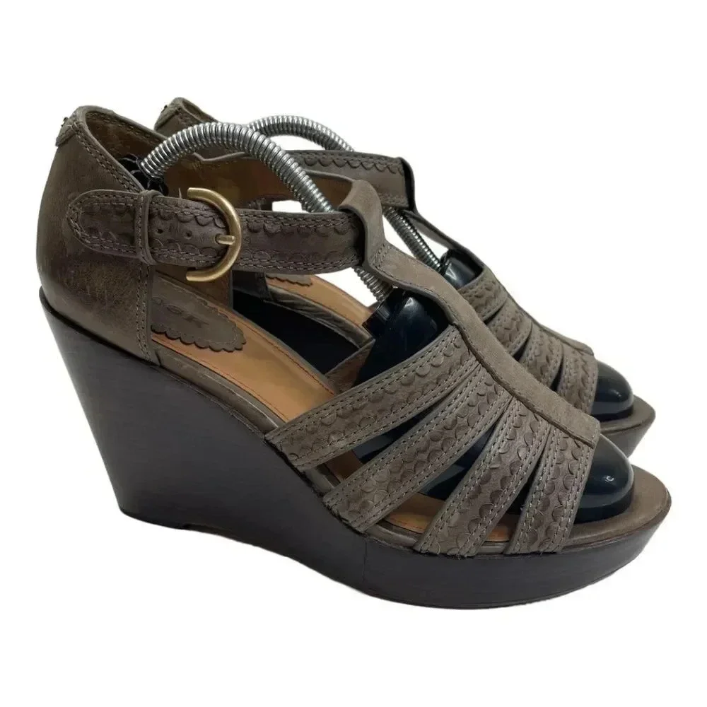 Anthropologie Trask Saydee Leather Wedge Sandals Taupe Brown Ankle Strap 9